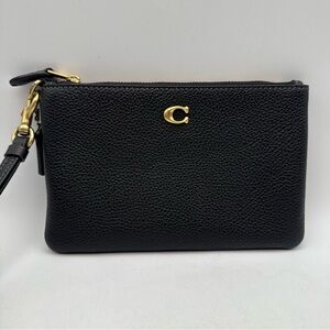 Coach Black Pebbled Leather Wristlet with Gold Accent